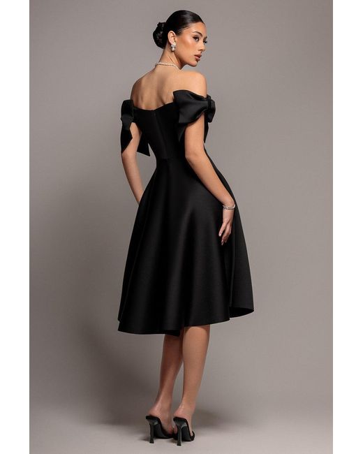 Goddiva Gray Bardot Plunge Neck Bow Sleeve A Line Midi Dress