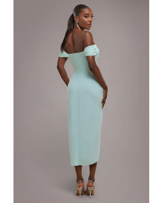 Goddiva Blue Off The Shoulder Chiffon Wing Scuba Crepe Midi Dress