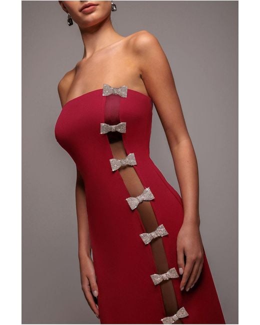 Goddiva Red Bow-Embellished Strapless Mermaid Maxi Gown