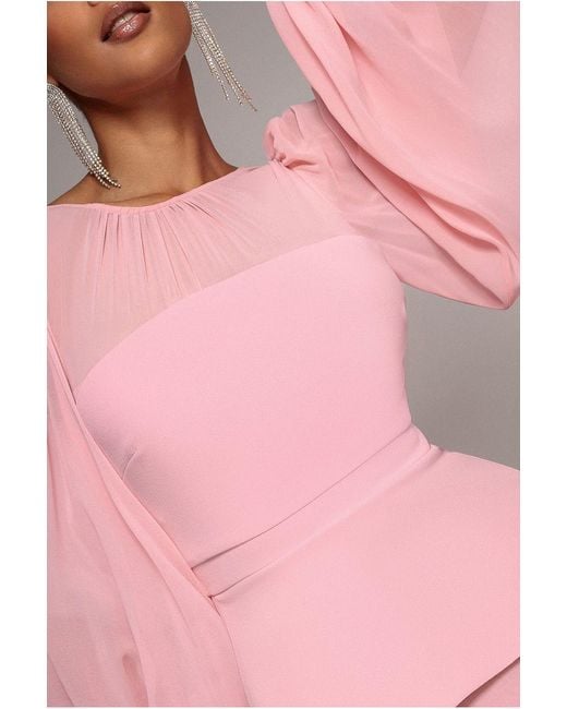 Goddiva Pink Bishop Sleeve Peplum Top Scuba Crepe And Chiffon Maxi Dress