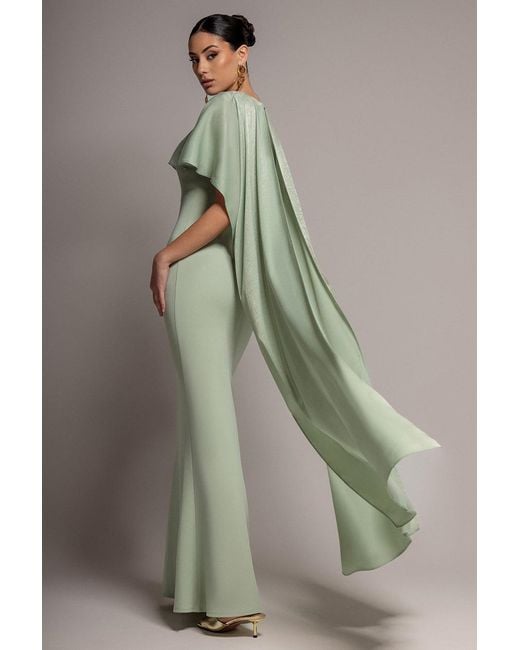Goddiva Green Scoop Neck Velvet Satin Cape Sleeve Maxi Dress