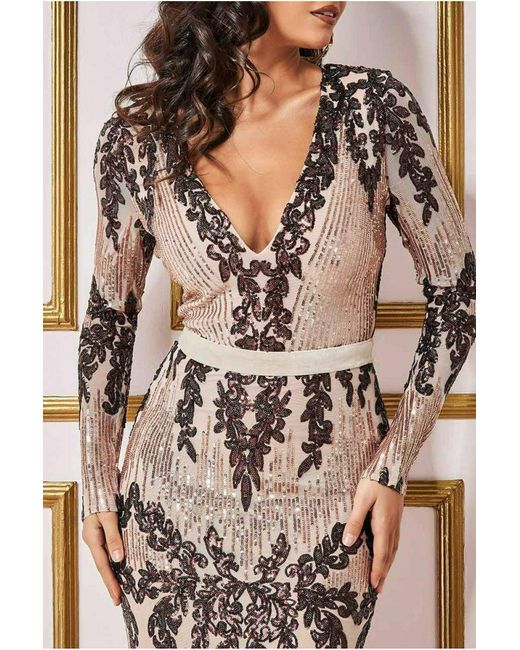 Goddiva Geo Sequin Long Sleeve Maxi Dress - Wine