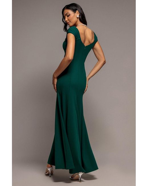 Goddiva Green Capped Sleeve V Neck Pleated Fit & Flare Maxi Dress