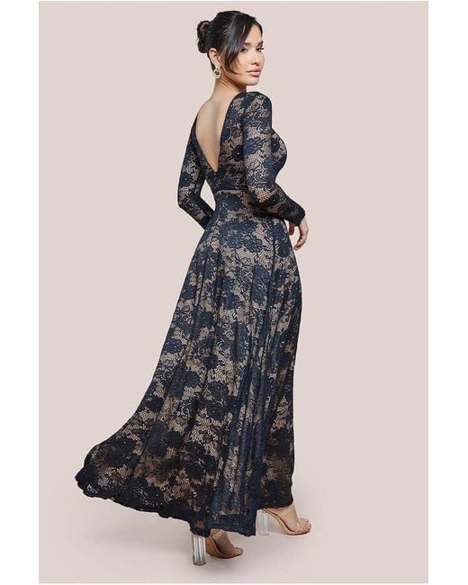 Goddiva Black Scalloped Lace A-Line Maxi Dress