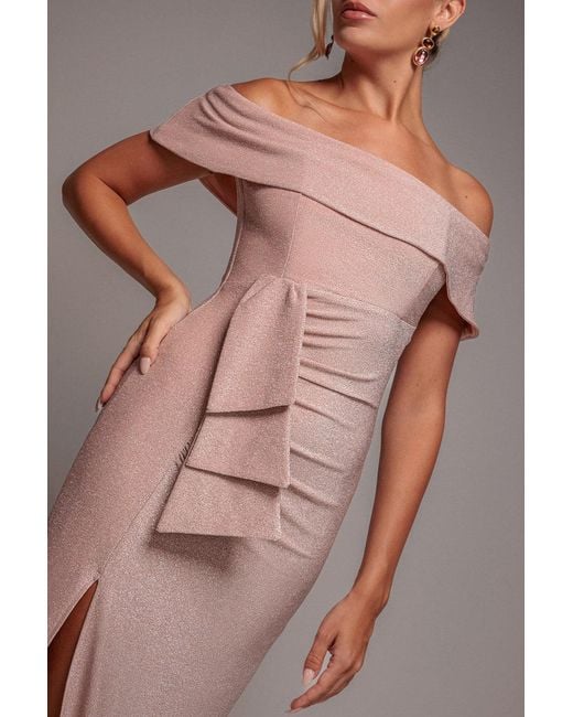 Goddiva Pink Lurex Bardot Maxi With Waterfall Ruffle