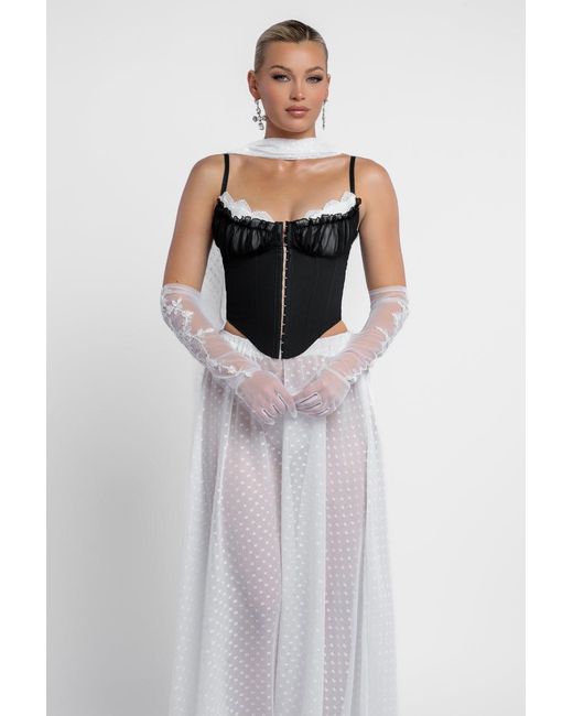 Goddiva White Milk Maid Corset Polka Dobby Chiffon A-Line Maxi Skirt With Scarf & Gloves
