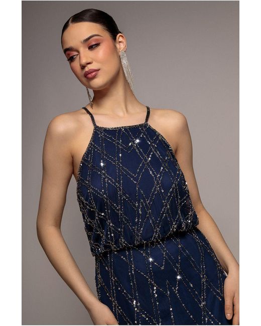 Goddiva Blue Racer Neck Sleeveless Hand Embellished Sequin Maxi Dress