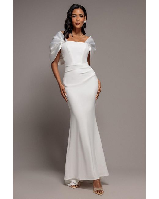 Goddiva Gray Off Shoulder Back Satin Bow Scuba Maxi Dress