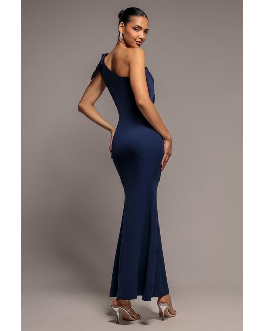 Goddiva Blue One Shoulder Satin Bow Scuba Crepe Maxi Dress