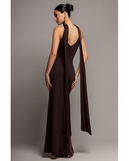 Goddiva Brown Scuba & Velvet Satin Halterneck Maxi Dress With Back Sash