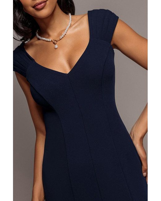 Goddiva Blue Capped Sleeve V Neck Pleated Fit & Flare Maxi Dress