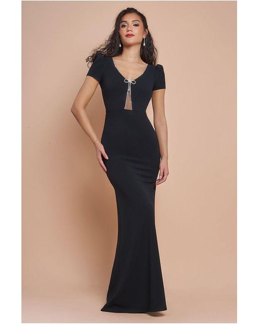 Goddiva Blue Diamante Embellished Bow Scuba Crepe Maxi Dress