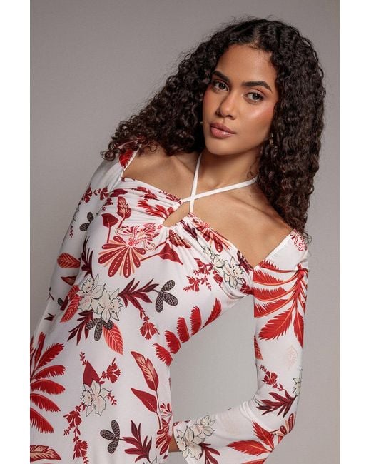 Goddiva Natural Printed Tie Back Midi Dress