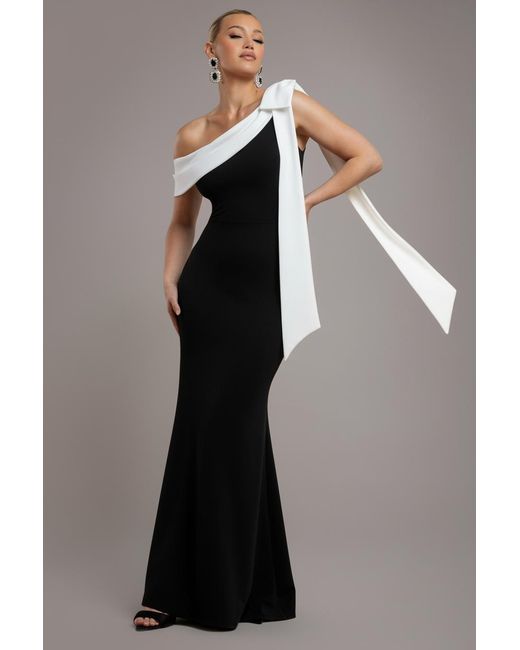 Goddiva Blue One Shoulder Contrast Bow Maxi Dress