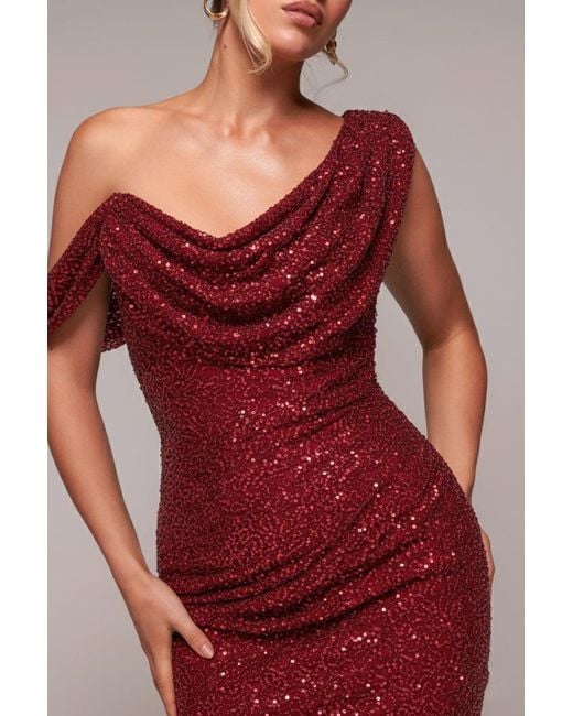 Goddiva Red Sequin Cowl One Shoulder Midi Dress