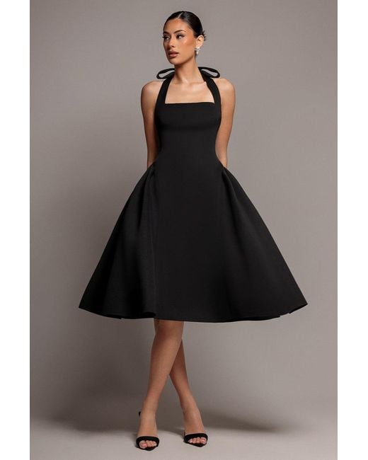 Goddiva Black Corset Fit And Flare Halter Neck Midi Dress