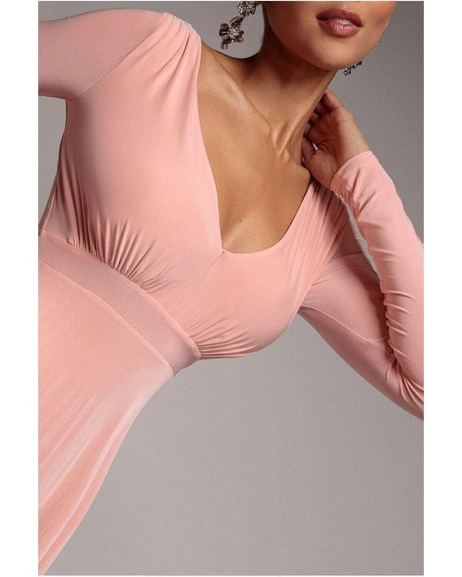 Goddiva Pink Plunge Neck Long Sleeve A Line Maxi Dress