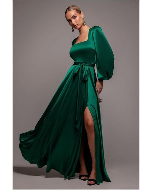 Goddiva Green Satin Square Neck Bishop Sleeve A Line Maxi Dress