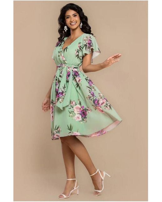 Goddiva Green Sustainable Floral Print Midi Wrap Dress With Flutter Sleeves