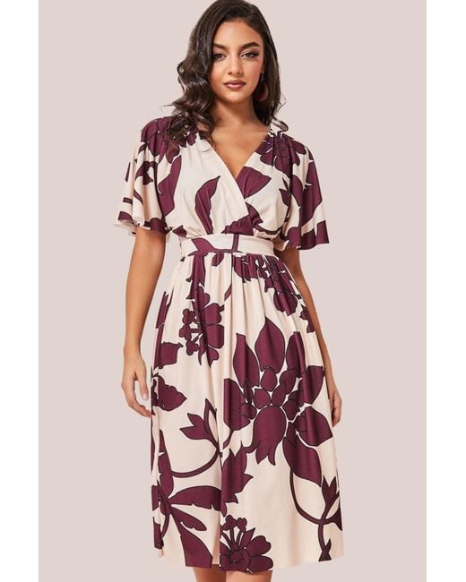 Goddiva Pink Leaf Print Flutter Sleeve Midi