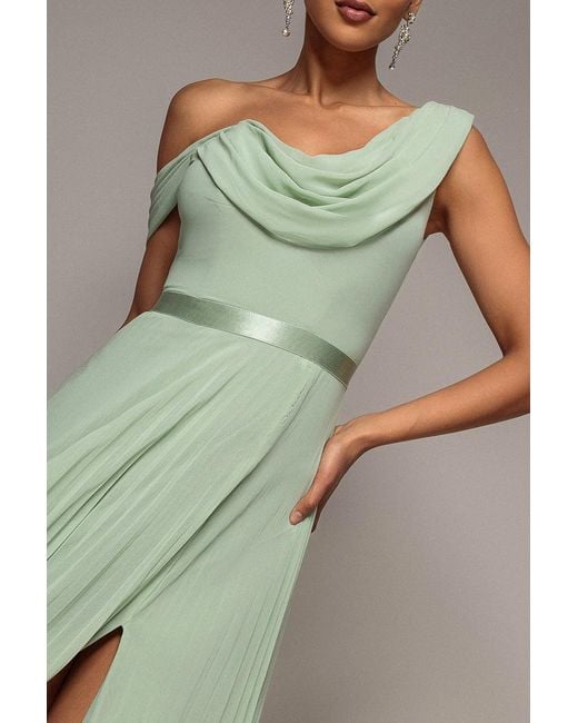 Goddiva Green Cowl Neck One Shoulder A Line Chiffon Maxi Dress