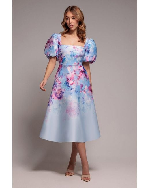 Goddiva Blue Printed Scuba Square Neck Puff Sleeve Midi Dress