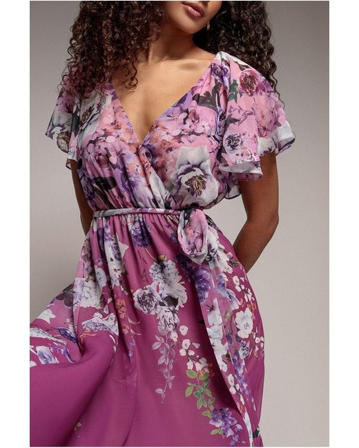 Goddiva Pink Flutter Sleeve A-Line Chiffon Floral Printed Midi Dress
