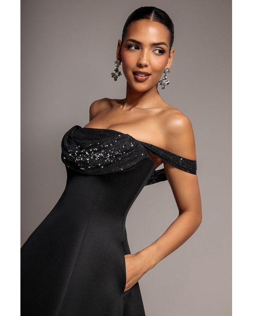 Goddiva Black Sparkle Chiffon Cowl Bardot Skater Mini Dress