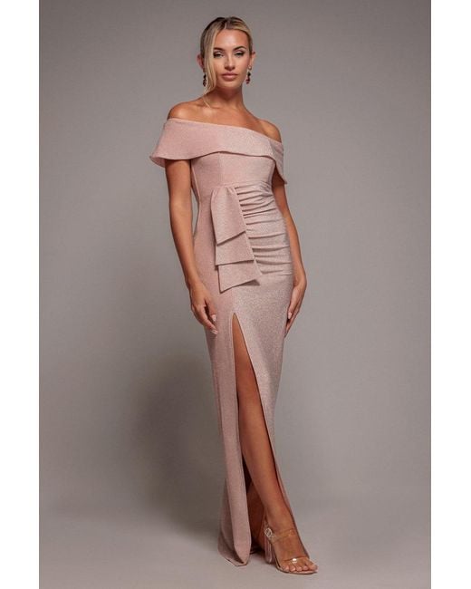 Goddiva Pink Lurex Bardot Maxi With Waterfall Ruffle
