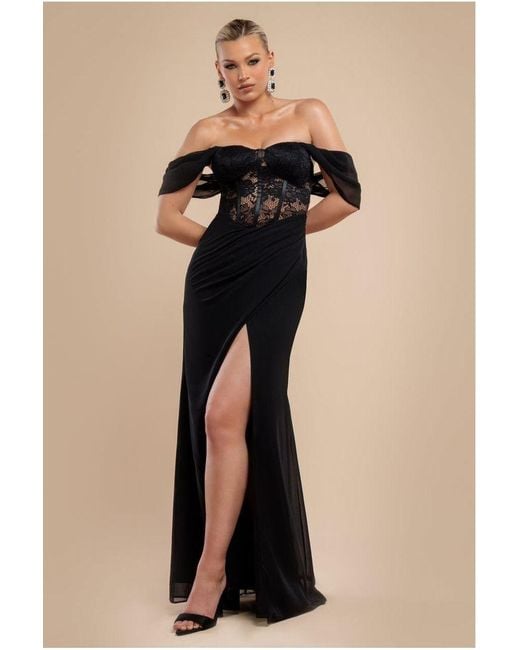 Goddiva Black Scalloped Lace & Chiffon Winged Corset Bodice Maxi Dress