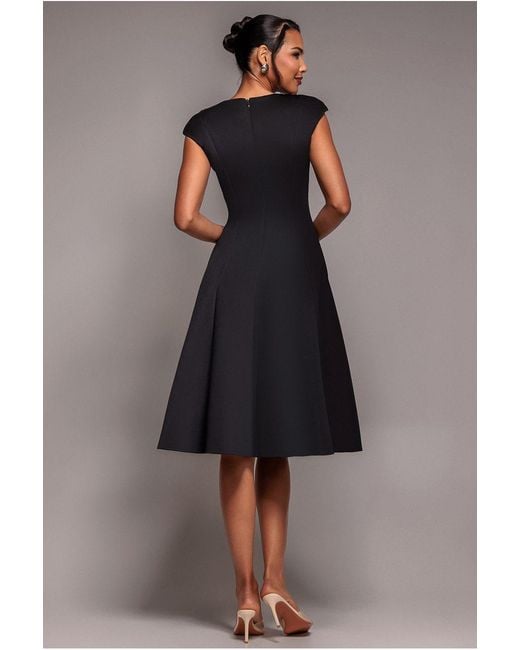 Goddiva Black Cap Sleeve Plunging V-Neckline A-Line Midi Dress