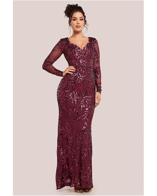Goddiva Red Sequin Leaf Long Sleeve Maxi Dress