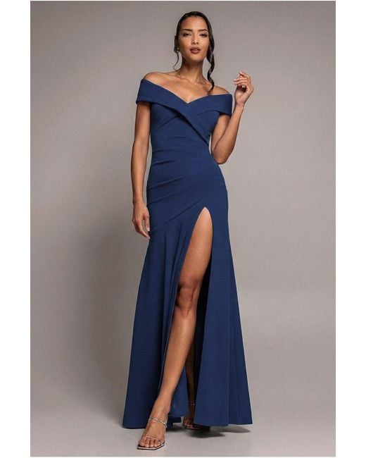 Goddiva Blue Scuba Crepe Off Shoulder Front Split Maxi Dress