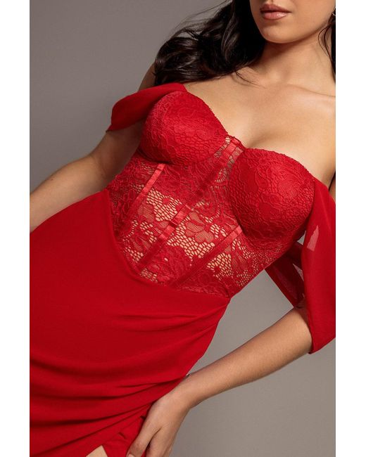 Goddiva Red Scalloped Lace & Chiffon Winged Corset Bodice Maxi Dress
