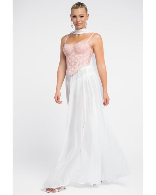 Goddiva White Textured Floral Mesh Corset Gathered A-Line Glitter Chiffon Maxi Skirt With Jersey Scarf & Diamante Embellished Mesh Gloves