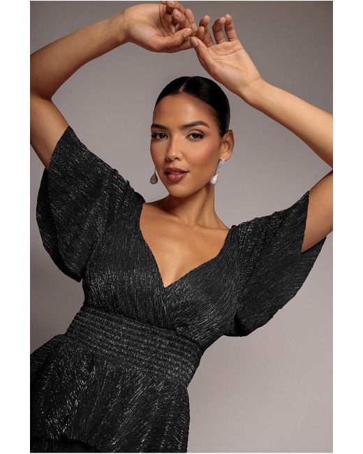 Goddiva Black Crinkle Lurex High Low Layered Midi Dress