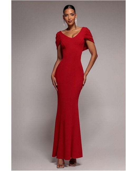 Goddiva Red V Neck Cowl Back Pleated Sleeve Scuba Maxi Dress