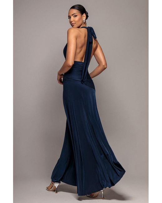 Goddiva Blue Halter Neck Empire Waist Gathered Maxi Dress