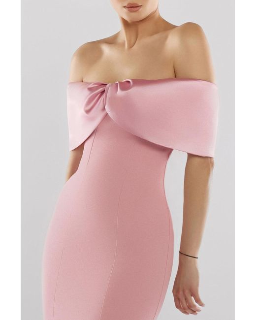 Goddiva Pink Twist Knot Satin & Scuba Bardot High Low Midi Dress