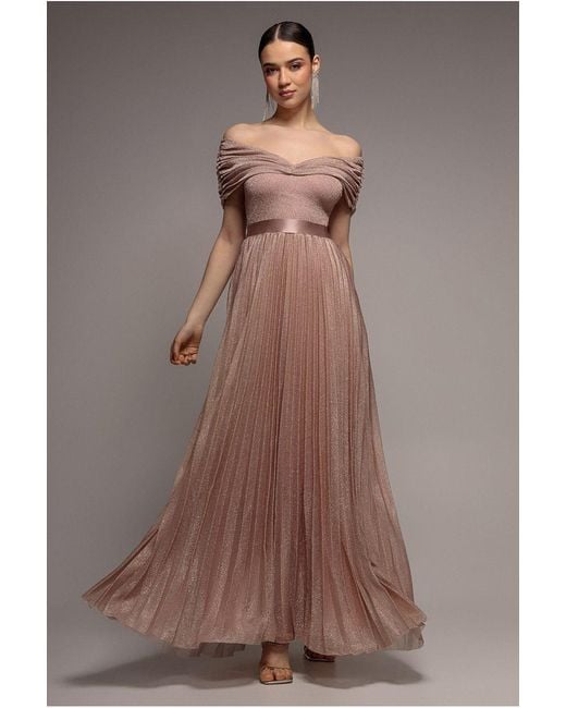 Goddiva Pink Bardot Pleated Skirt Maxi Dress