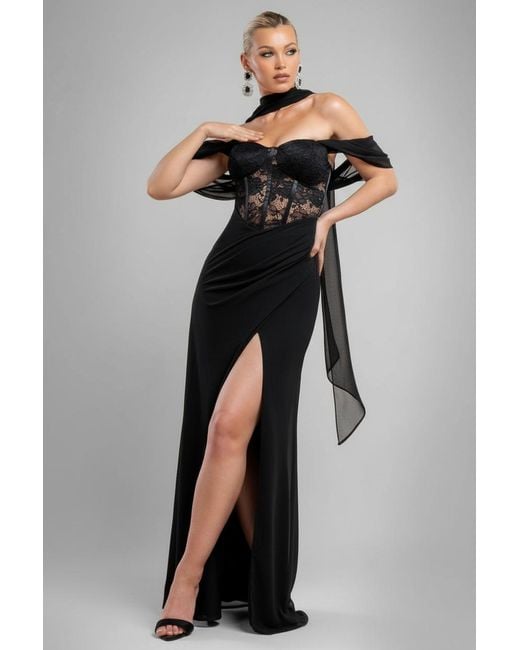 Goddiva Black Scalloped Lace & Chiffon Winged Corset Bodice Maxi Dress