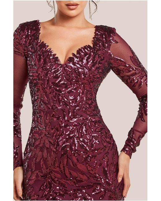 Goddiva Red Sequin Leaf Long Sleeve Maxi Dress