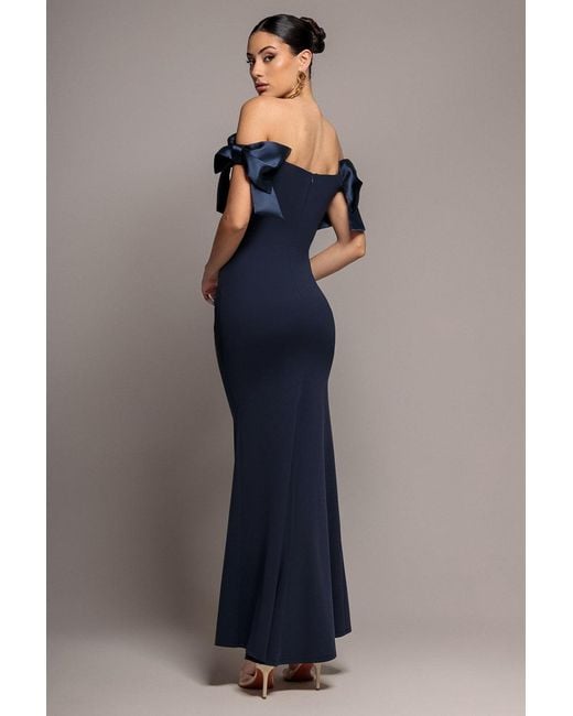 Goddiva Blue Satin Bow Bardot Sheath Maxi Dress