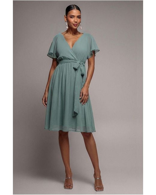 Goddiva Blue Sustainable Flutter Sleeve Chiffon Wrap Midi Dress