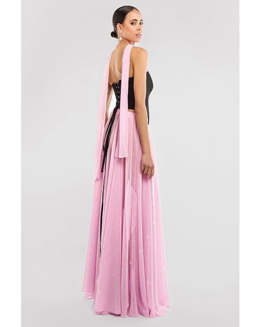 Goddiva Pink Compact Crepe Lace Up Corset With Gathered A-Line Glitter Chiffon Maxi Skirt & Scarf