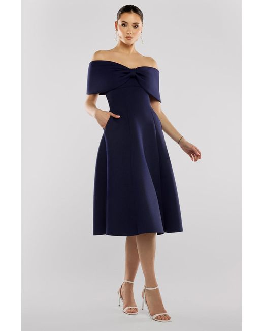 Goddiva Blue Bow Off The Shoulder A Line Midi Dress