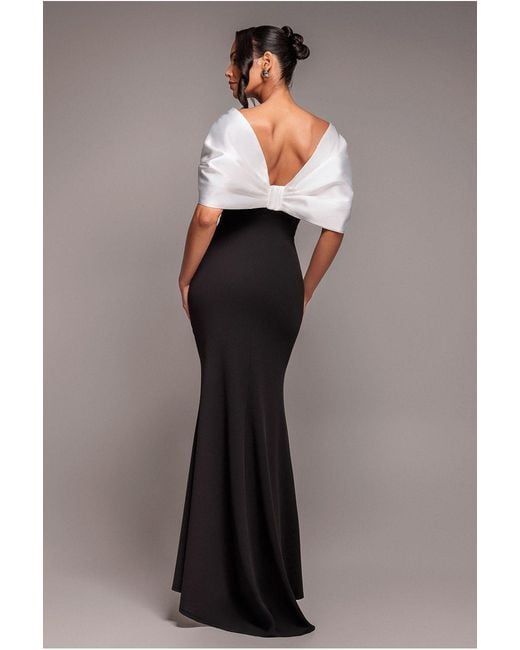 Goddiva Black Contrast Off Shoulder Back Satin Bow Scuba Maxi Dress