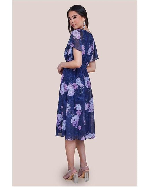 Goddiva Blue Printed Lurex A Line Flutter Sleeve Midi Dress