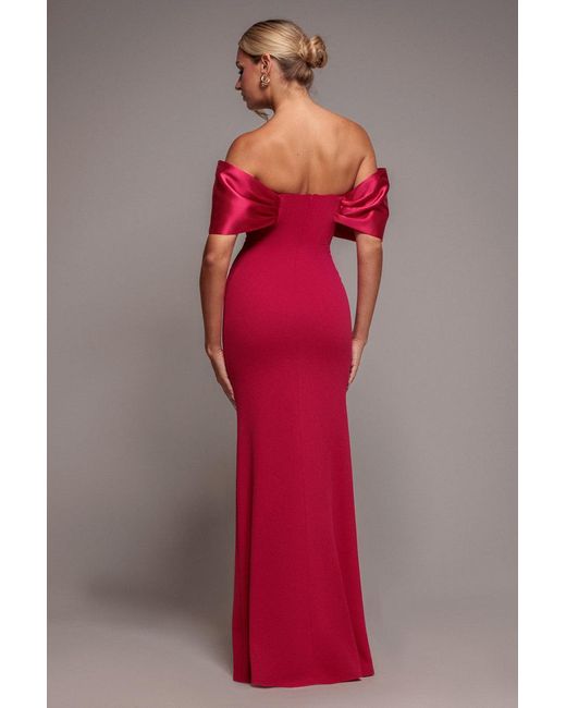 Goddiva Pink Twist Knot Satin & Scuba Bardot Maxi Dress