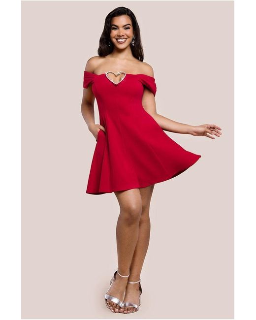 Goddiva Red Diamante Heart Trim A-Line Mini Dress